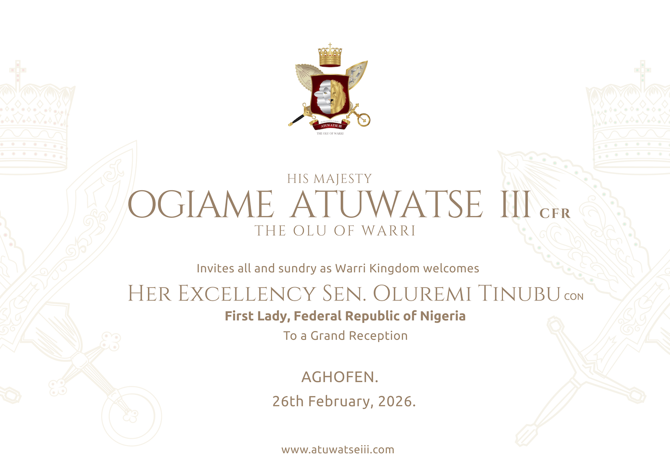 Official invitation to the Aghofen reception for Her Excellency Sen. Oluremi Tinubu, CON